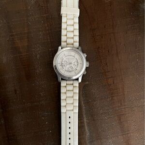 White Chronograph Watch with Cream Strap Micheal kors